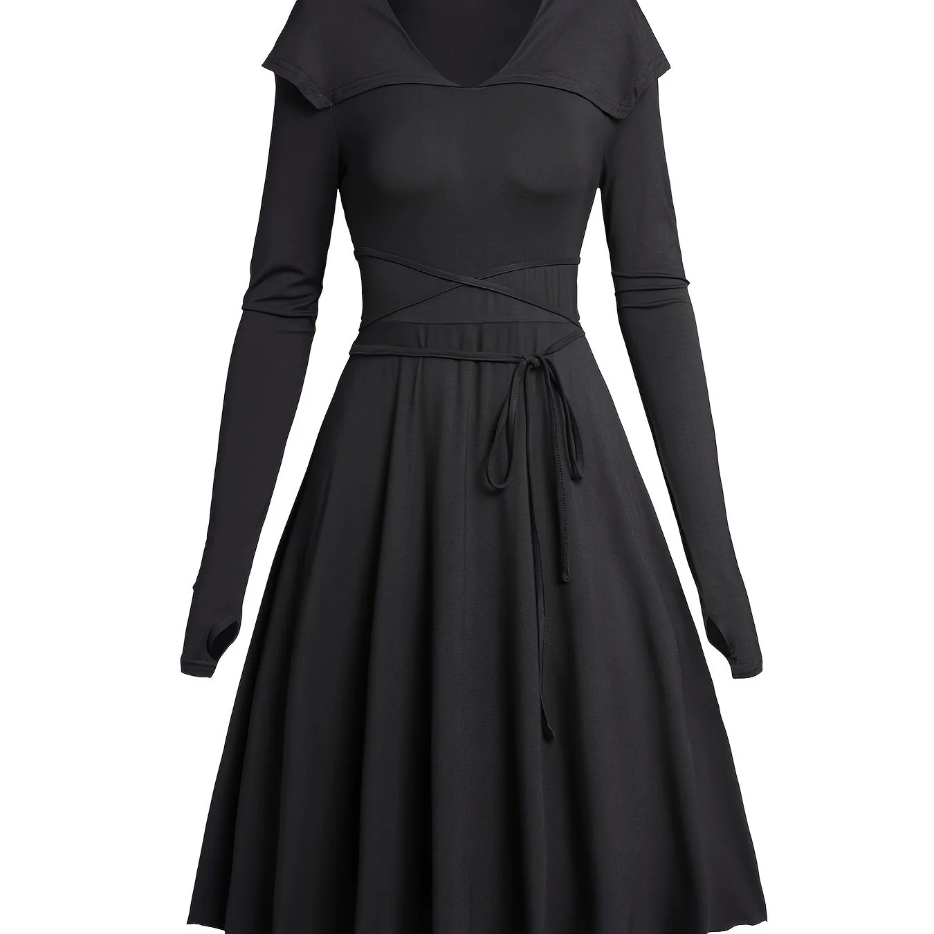 Thumb Hole Long Sleeve Dress, V Neck Lapel Tied Flare Dress, Women's Clothing - Deanwangkt