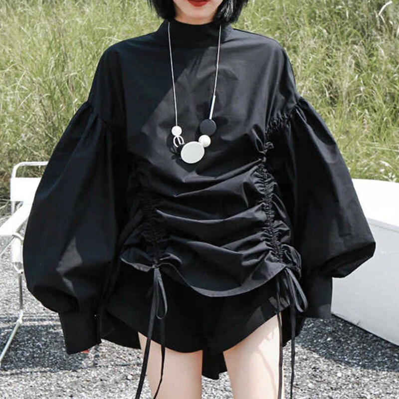 deanwangkt Women Drawstring Irregular Big Size Blouse New Stand Collar Long Sleeve Loose Shirt Fashion Spring Autumn  1DA988 - Deanwangkt