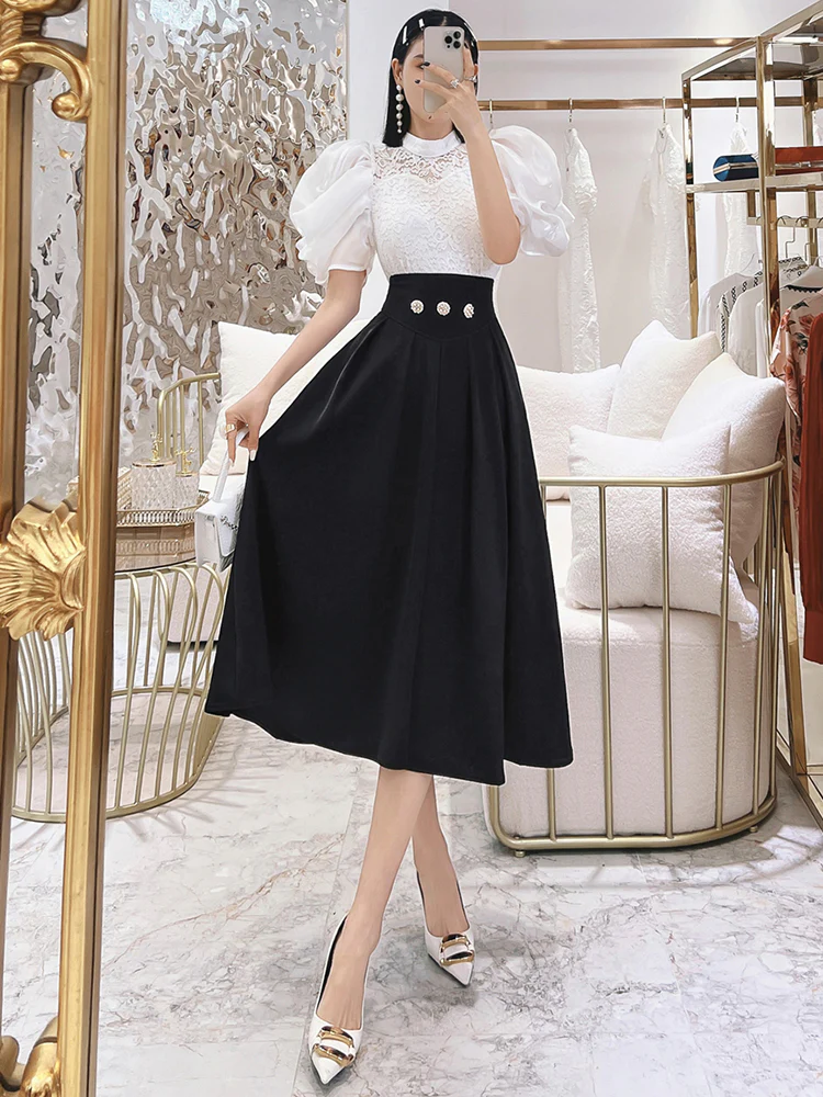 deanwangkt Elegant Lace Panel Shirt For Female Stand Collar Puff Sleeve Solid Minimalist Slim Pullover Blouses Female Clothing - Deanwangkt