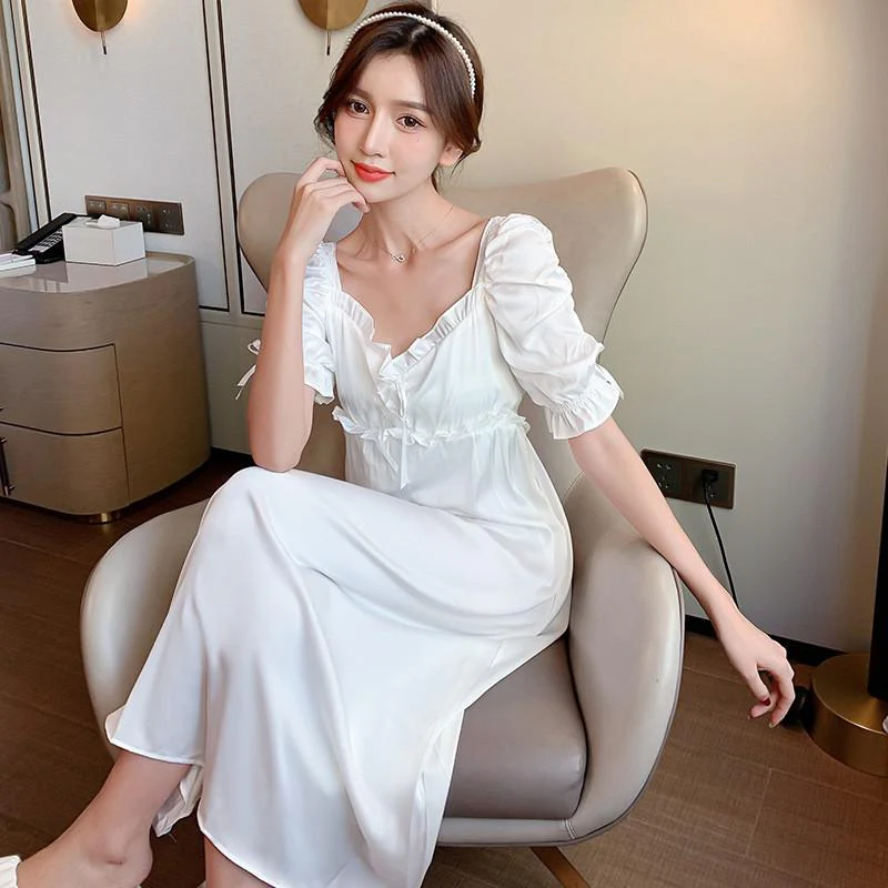 Female Nightgown Elegant Palace Style Princess Long Nightgown Sleepwear Summer Short Sleeve Sleepshirt Satin Silk Home Dress - Deanwangkt
