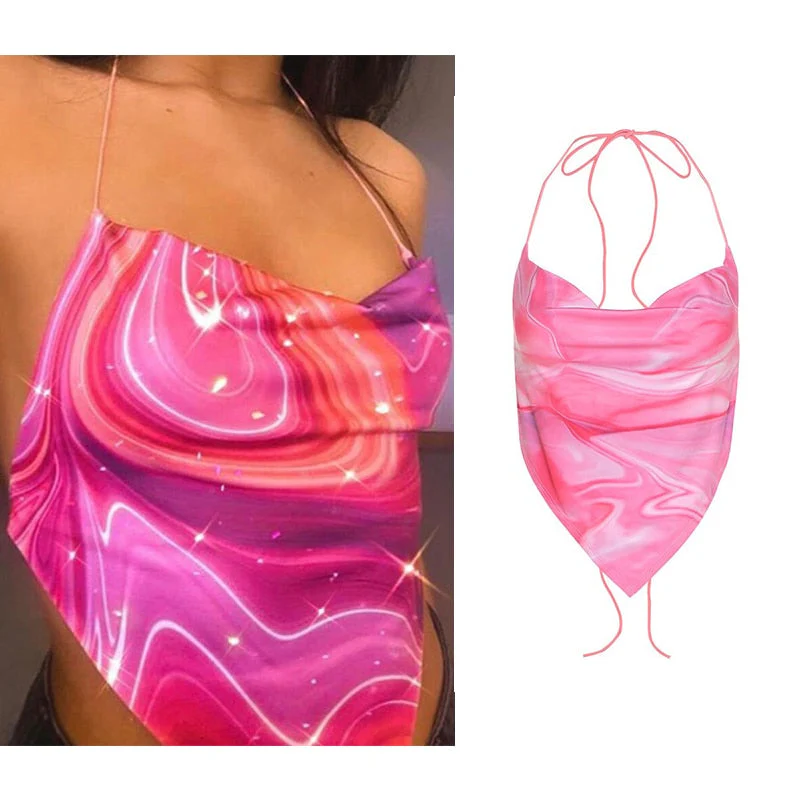 deanwangkt Y2K Bandana Print Halter Tops Women Summer Sleeveless Crop Tops Harajuku Aesthetics Corset Tops Sexy Backless Bandage Camisoles - Deanwangkt