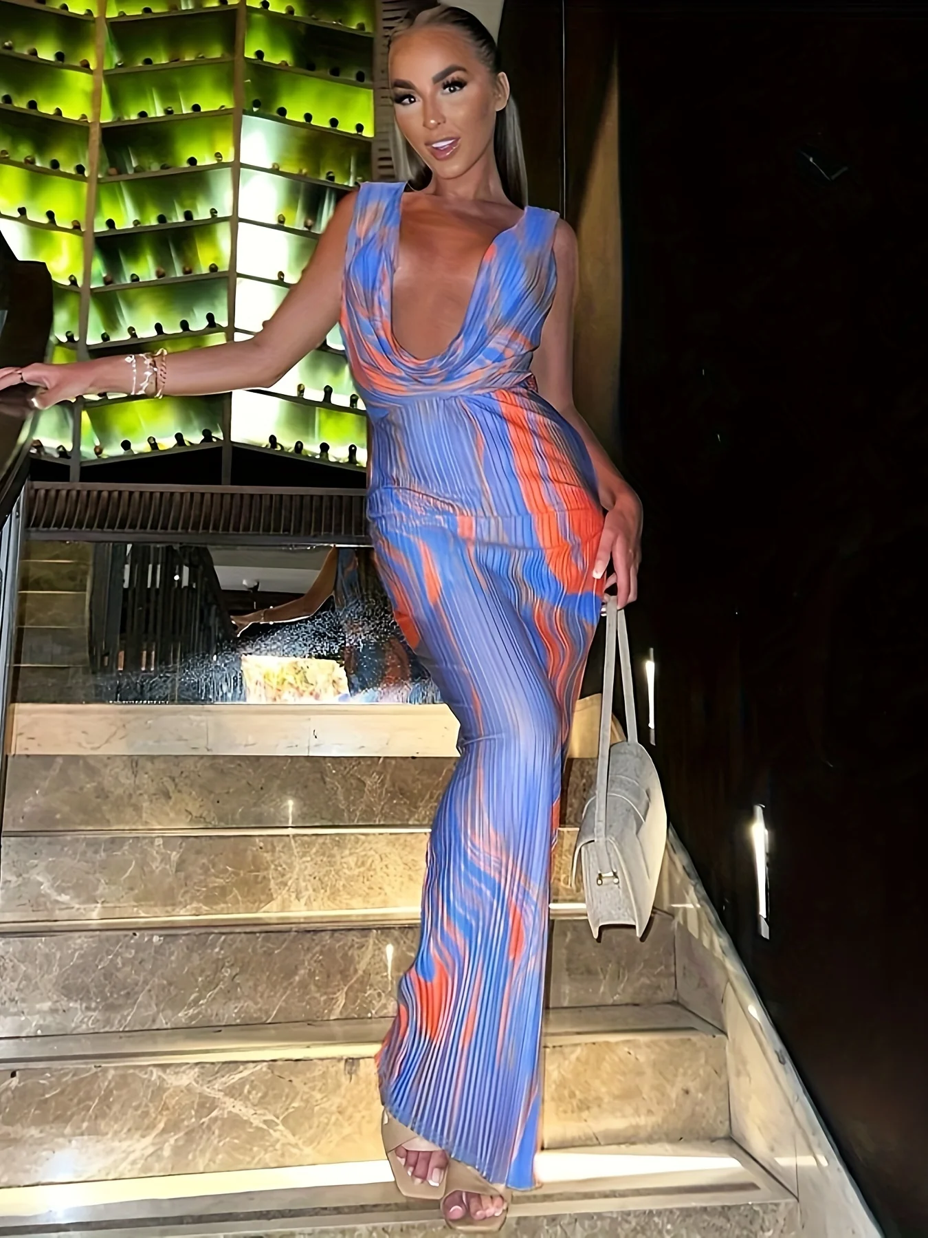 Graphic Print Cowl Neck Tank Dress, Elegant Sleeveless Bodycon Maxi Dress For Club & Party, Women's Clothing - Deanwangkt