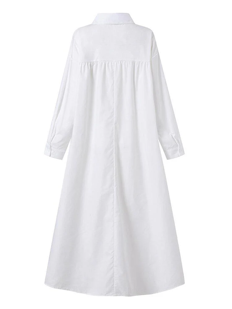 deanwangkt Women Solid Color Turn-down Collar Long Sleeve Button Casual Shirt Dresses With Pocket - Deanwangkt