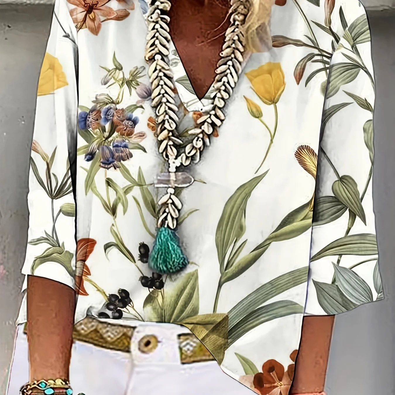 Plant Print Blouse, Casual V Neck Summer 3/4 Sleeve Blouse, Women's Clothing - Deanwangkt