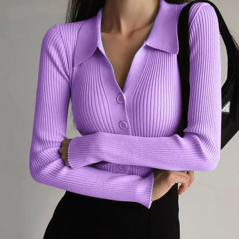 deanwangkt Ladies Buttons Sexy V Neck Long Sleeve POLO Neck Knit Cardigan Sweater Women Lapel Slim Tops - Deanwangkt