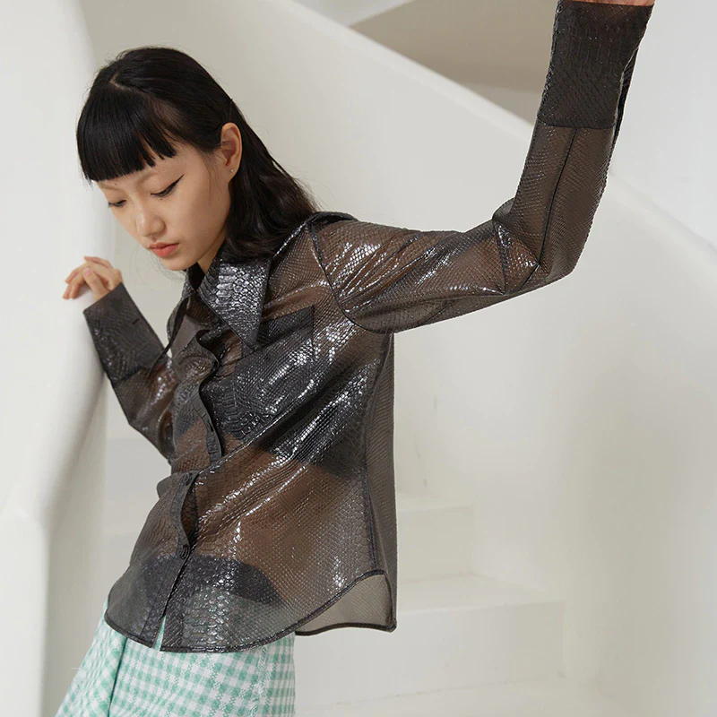 deanwangkt Patchwork Casual Loose Solid Blouse Female Lapel Long Sleeve PU Shirts For Women Autumn Style  New Clothes - Deanwangkt