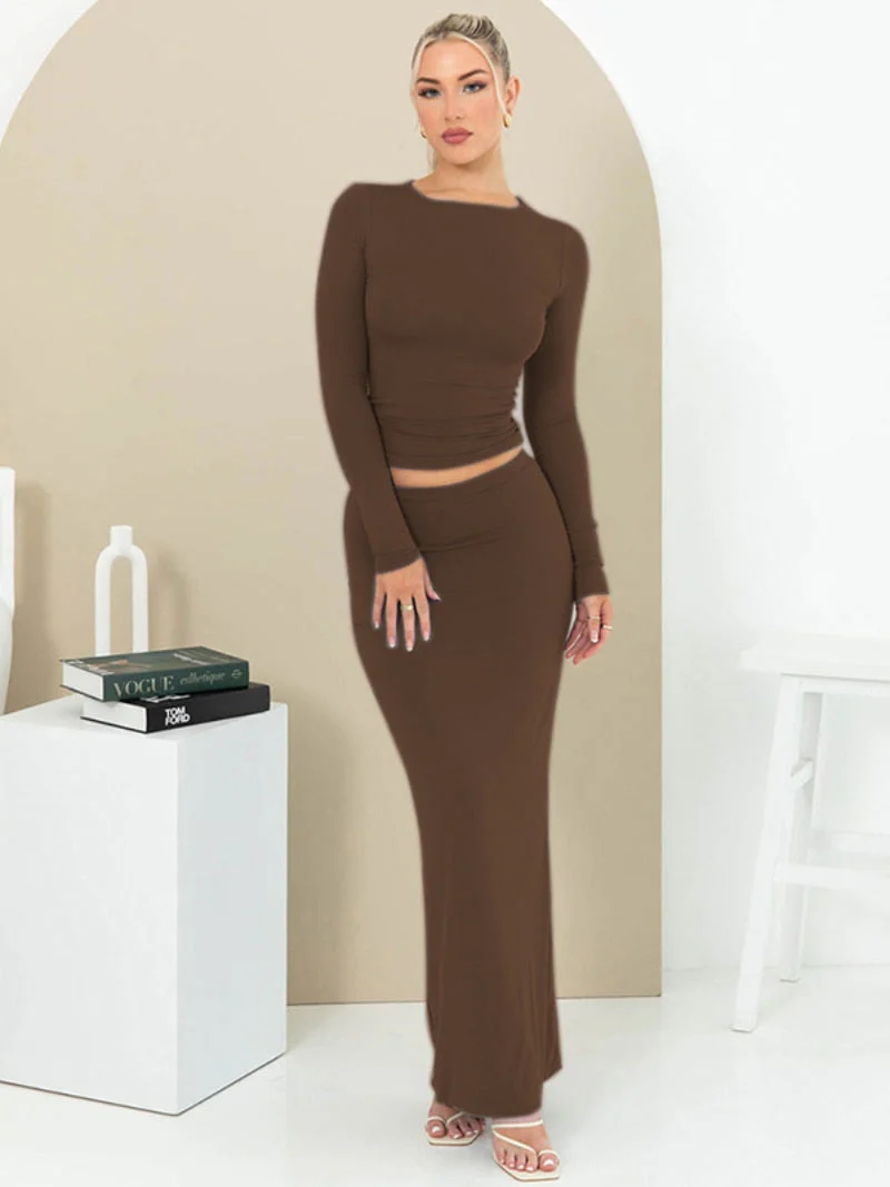 BACK TO COLLEGE  Casual O-neck Long Sleeve T-shirt High Waist Long Skirts Two Pieces Set Streetwear Female Solid Office Work Black Dress Set - Deanwangkt