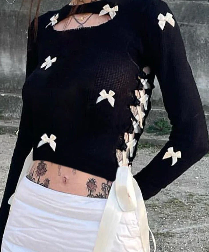 deanwangkt Side Split Bandage Crop Top Cute Bow Patchwork y2k Vintage T-shirt Black Long Sleeve Hollow Out T Shirts Women Clothing - Deanwangkt