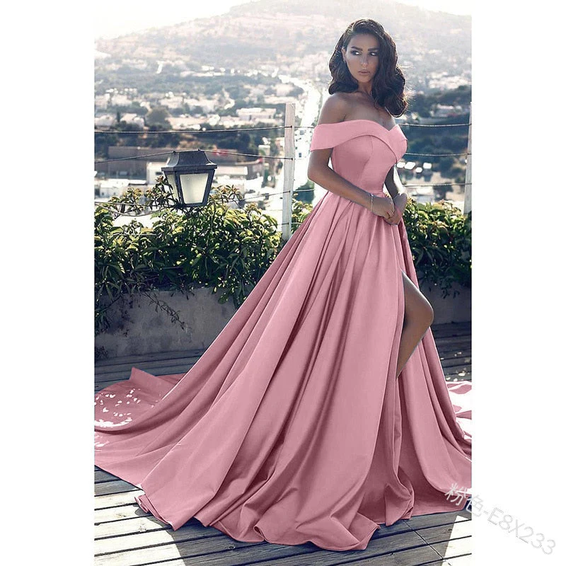 Fashion Elegant Boat Neck Evening Dresses for Women Party Classy Night Lady Sexy Off The Shoulder Slit Ball Gown Prom Vestidos - Deanwangkt