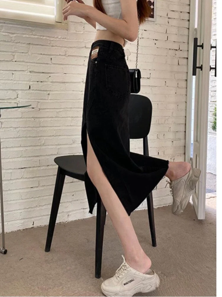 deanwangkt Ins Simple Fashion Skirt Printing New Natural Waist Trend Japanese Long Skirt Female Solid Color Street A-line Skirt - Deanwangkt