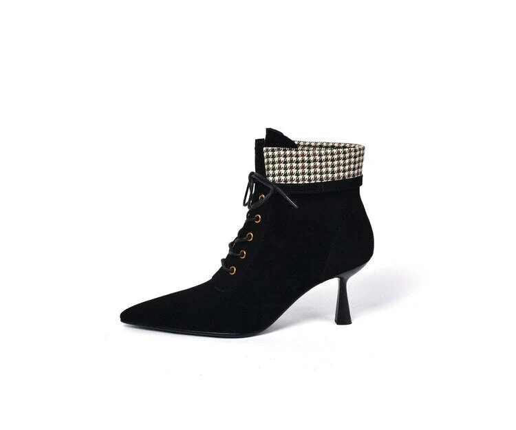 deanwangkt Autumn Boots   NEW Fall Shoes Women Pointed Toe High Heel Shoes Sheep Suede Thin Heel Shoes Plaid Ankle Boots Women Mature Lace-up Modern Boots - Deanwangkt