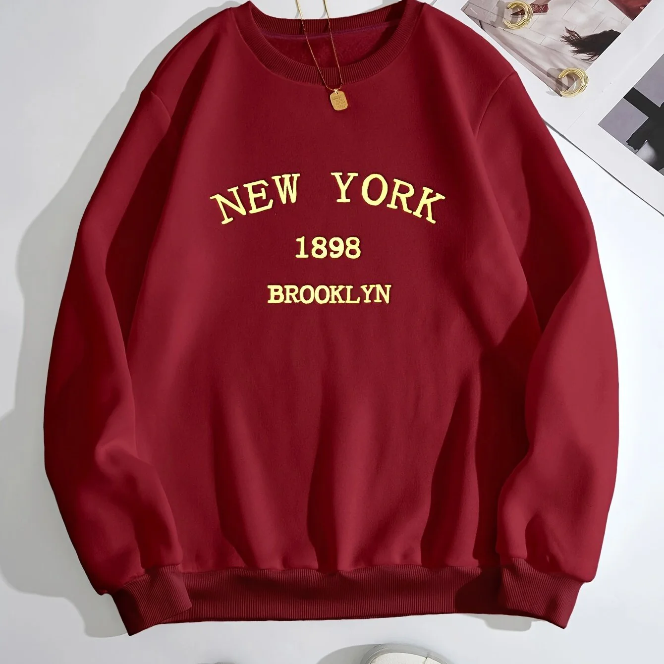 deanwangkt  New York & Brooklyn Letter Print Crew Neck Sweatshirt, Long Sleeve Pullover Sports Top, Women's Clothing - Deanwangkt