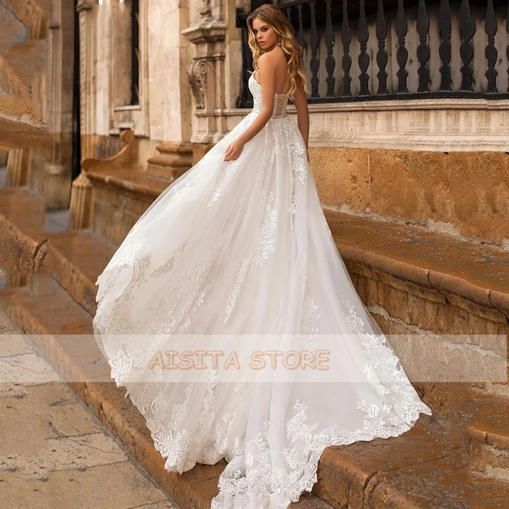 Elegant Wedding Dresses  Sweetheart Neck Sleeveless Lace Appliques Court Train Bridal Gowns Vestido De Novia Custom - Deanwangkt
