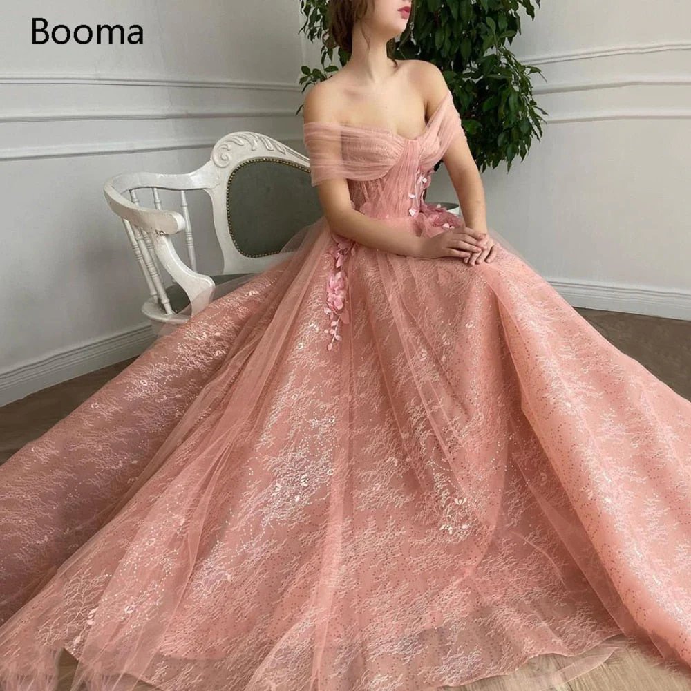 Graduation Gifts Pastel Pink Lace Prom Dresses Off the Shoulder Ruched Tulle 3D Flowers Evening Dresses Open Back A-Line Formal Prom Gowns - Deanwangkt