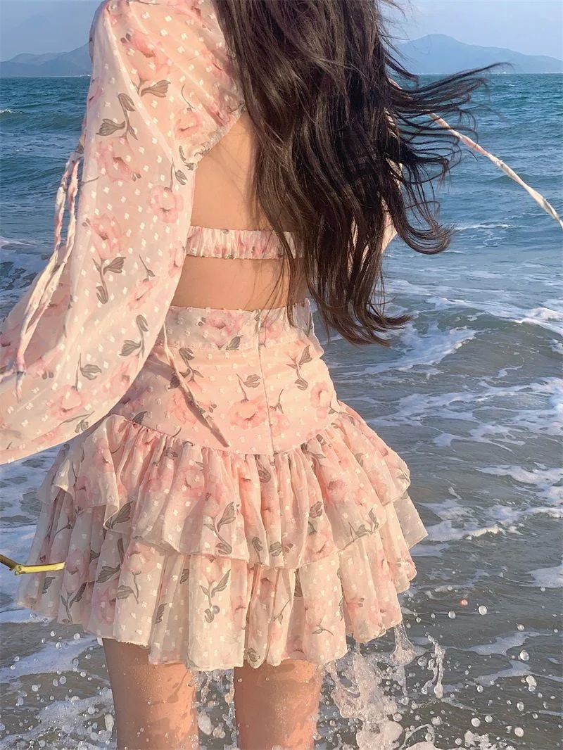 deanwangkt Spring Summer Sweet Two Piece Set Sexy Backless Shirt Crop Top + Cake Skirt Suits Floral Chiffon Boho Beach Outfits  Fairy Dress  For Women - Deanwangkt
