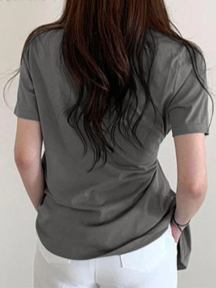 deanwangkt Bohemian Solid Button Down Front Irregular Hem Causal Blouse For Women - Deanwangkt