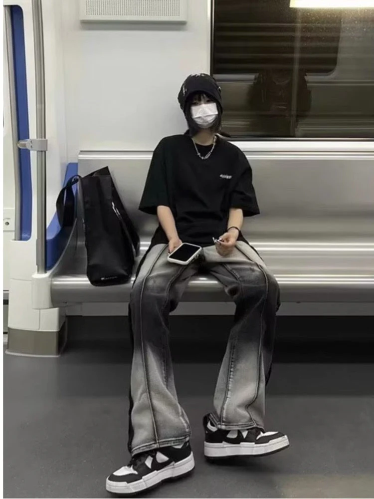 deanwangkt Spliced Jeans With Old Zippers, High Street Insets, Trendy Gradient Straight Tube Loose Wide Leg Pants, Children's Jeans - Deanwangkt