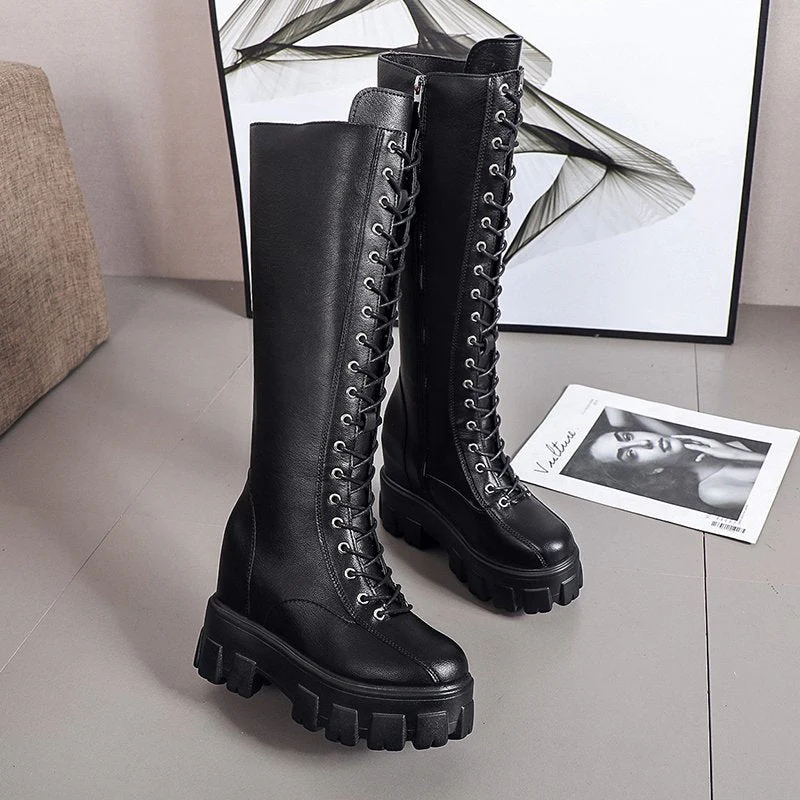 DEANWANGKT Women's Boots High Top  Chunky Platform Pu Over-the-Knee High Boots Women Retro Punk Increasing Long Shoes Woman Shoes - Deanwangkt
