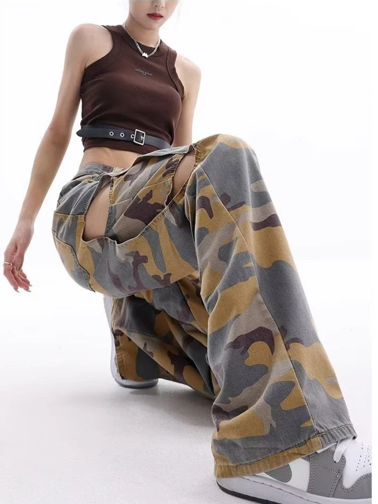 deanwangkt Loose Splashed Ink Speaker Camouflage Pants Trendy Hip-hop Vintage Versatile Work Clothes Pants Wide Leg Pants Women's Jeans - Deanwangkt