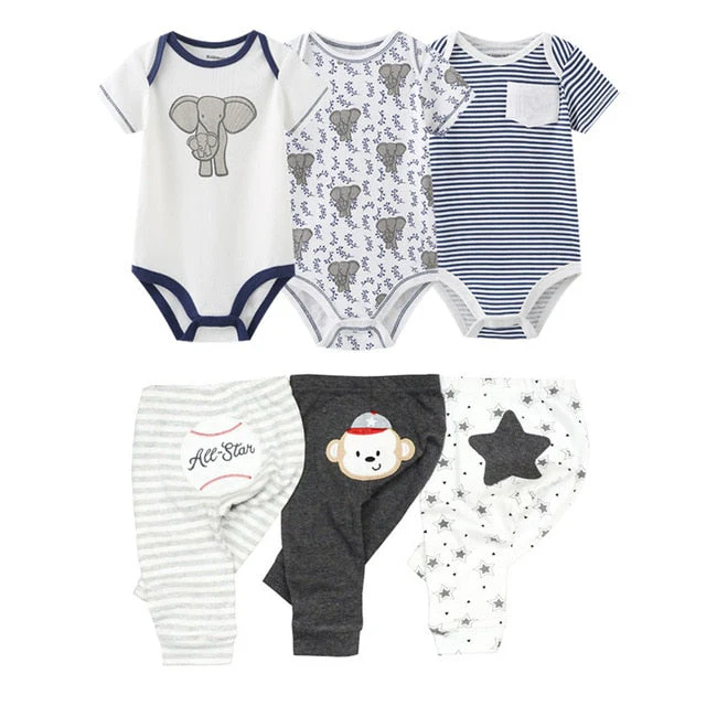 6/9PCS Baby Girl Clothes Newborn Unisex Solid Bodysuits+Pants Cotton Baby Boy Clothes Short Sleeve Girls Baby Clothing Cartoon - Deanwangkt