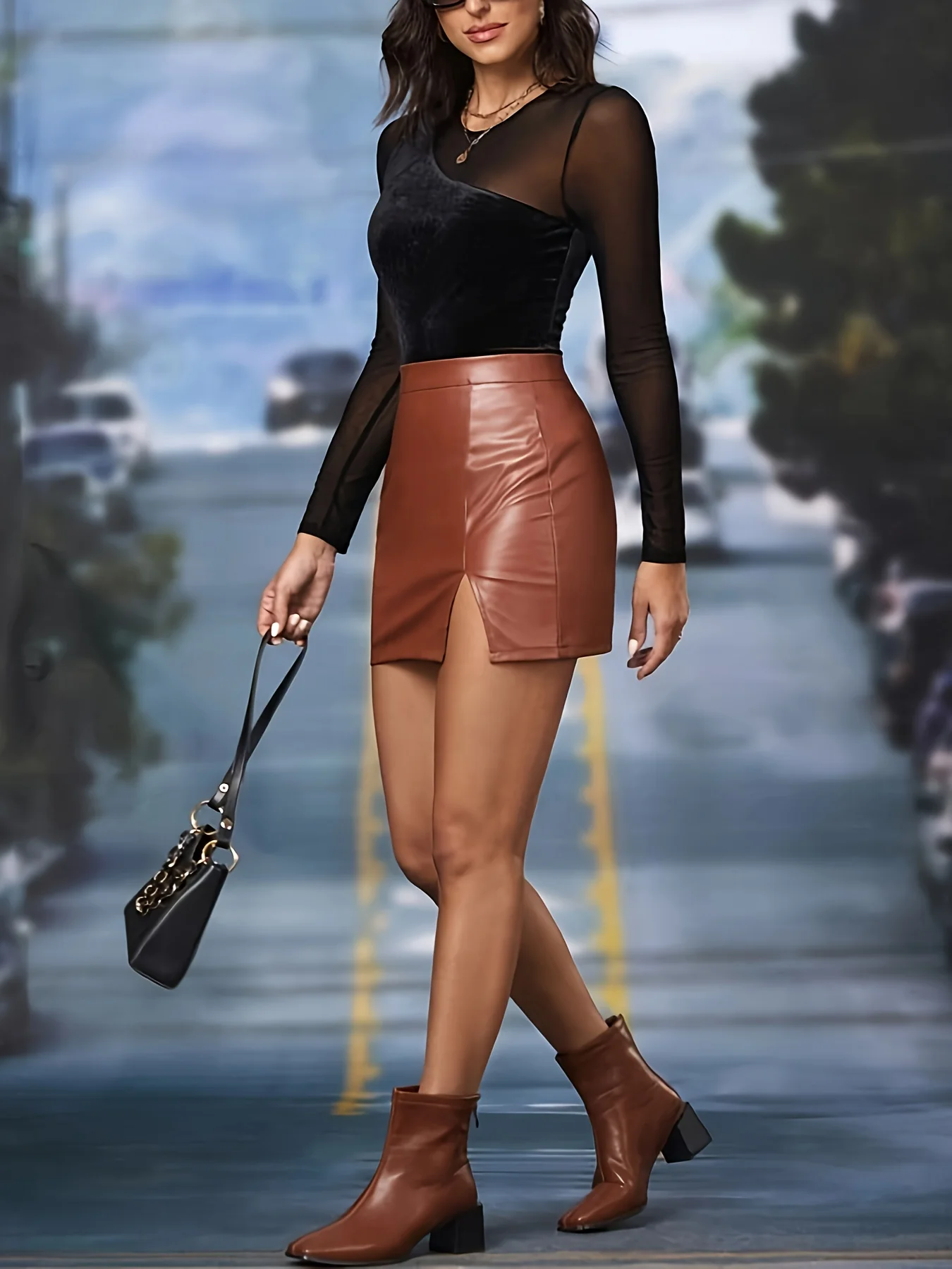 deanwangkt Sheer Mesh Panel Crew Neck Top, Stylish Long Sleeve Slim Top, Women's Clothing - Deanwangkt