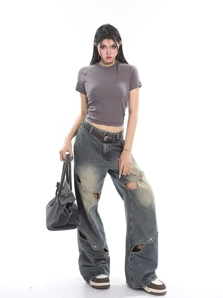 deanwangkt Small crowd deconstruction design sense jeans, high street wide leg pants, high-end floor long pants, trendy brand women's jeans - Deanwangkt