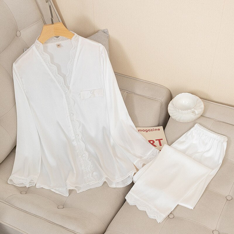deanwangkt Casual Pajamas Set Satin Sexy Women 2 Piece Sleepwear Silky Pyjamas Loungewear Solid Nightwear Spring New Bathrobe Shirt&Pants - Deanwangkt