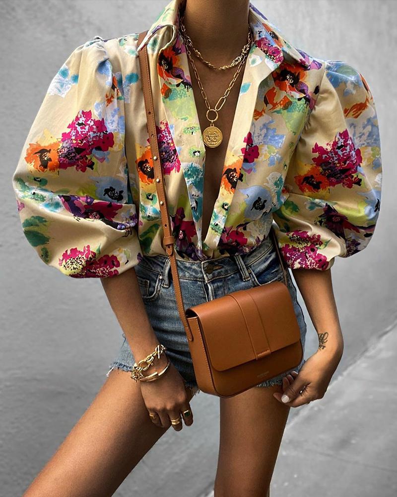 deanwangkt  Elegant Print Puffed Sleeve Blouse Top Autumn Womens Turn-Down Collars Half Sleeve Tie Dye Blouses Shirt Outwears - Deanwangkt