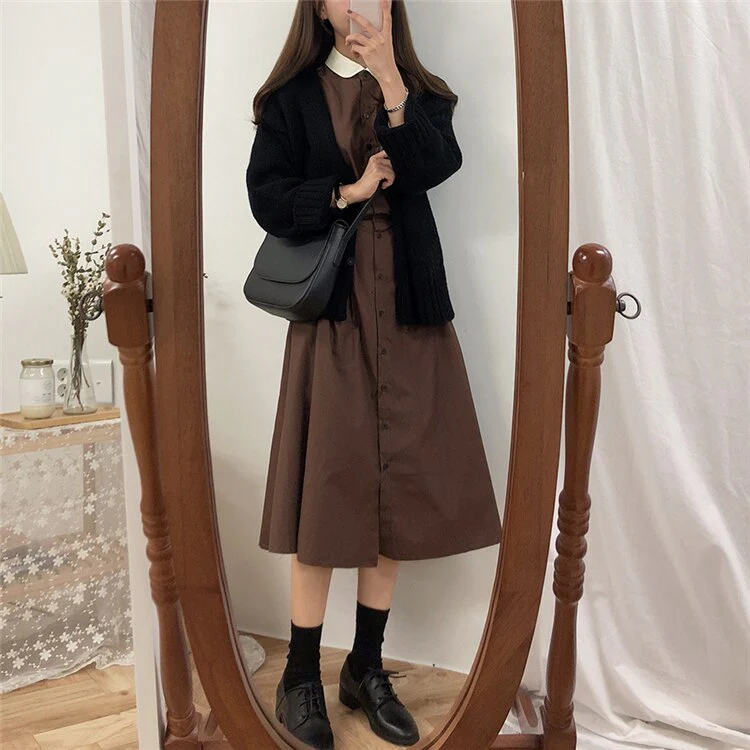 Joskka  New Spring Summer Women Dresses Fashionable Peter Pan Collar Single Breasted Vintage High Waist Casual Long Dress - Deanwangkt