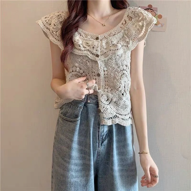 deanwangkt Tank Tops Hollow Out Students Designer Fashion Kawaii Elegant Solid Daily Knitting Korean Style Comfortable Leisure Special New - Deanwangkt