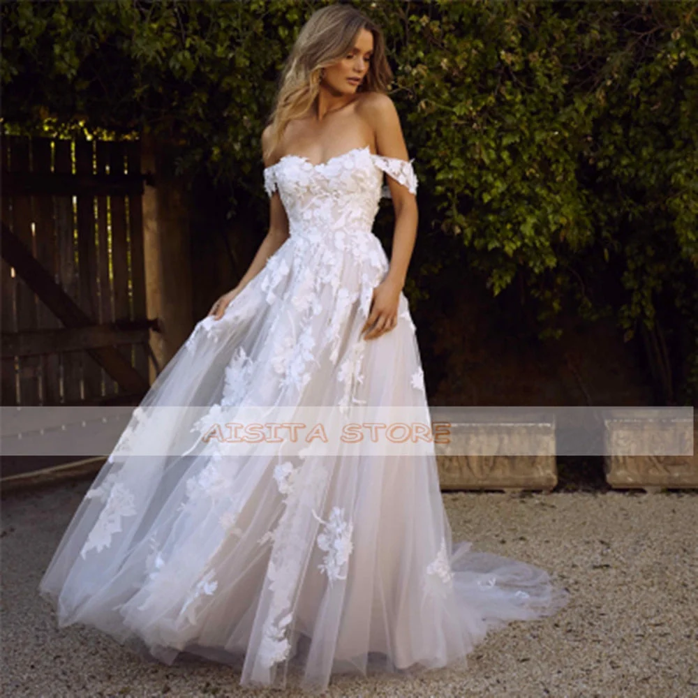 Boho Sexy Off the Shoulder Cheap Wedding Dresses A Line Lace Appliques Backless Bridal Gown Vestido De Noiva Wedding Gown - Deanwangkt