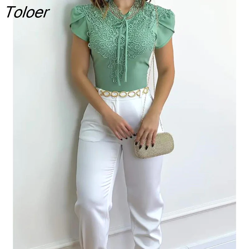 deanwangkt Women Puff Sleeve Top Mint Green Lace Patch Blouse Casual Elegant Short Sleeve T-Shirt All-Match Lady Office Wear Y2K Clothes - Deanwangkt