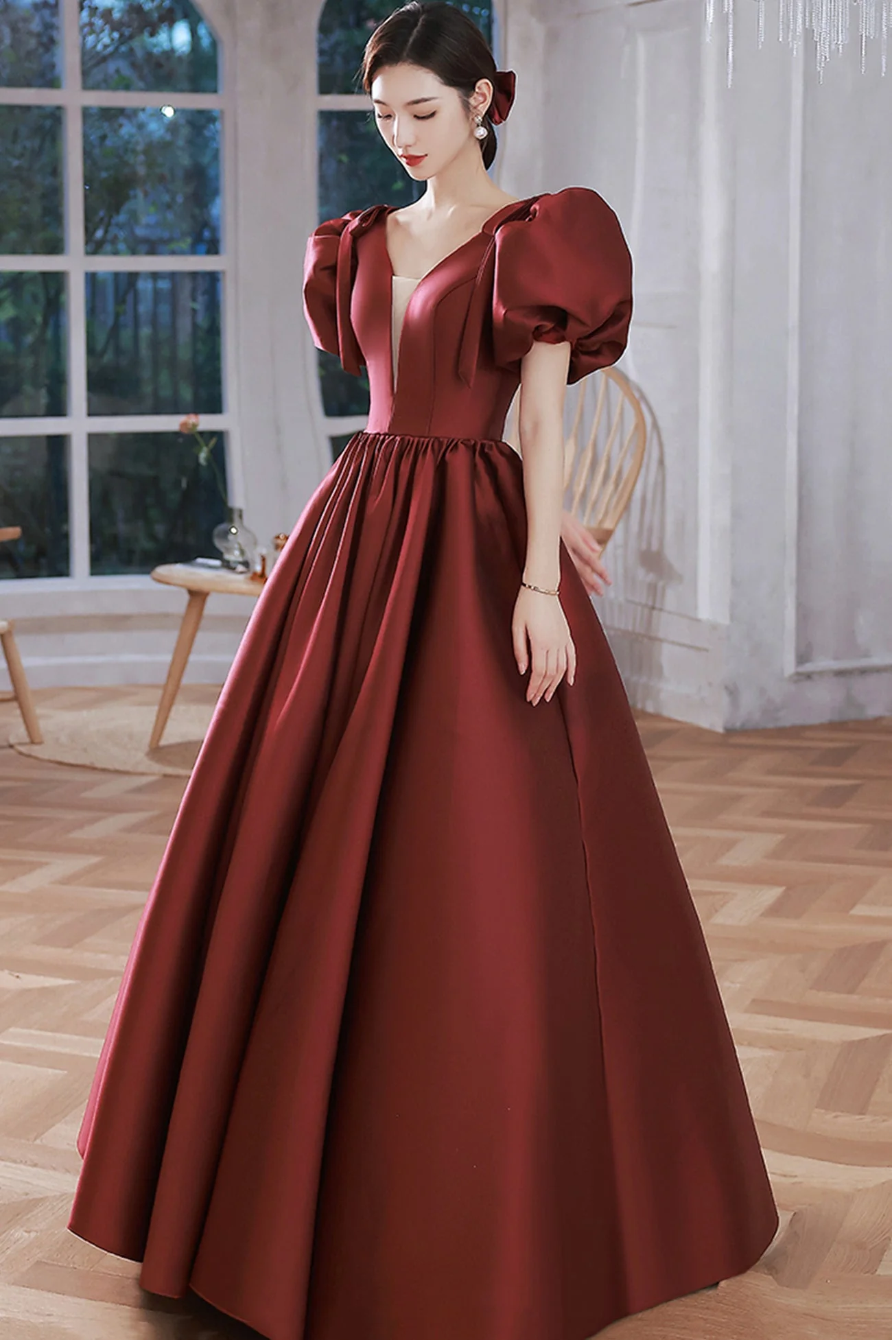 solvbao Burgundy Satin Long Prom Dresses, Lovely Puff Sleeve Evening Gown - Deanwangkt