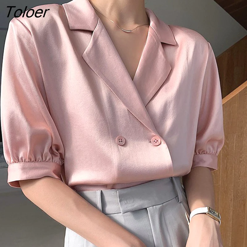 deanwangkt Pink Satin Blouse Women Summer Notched Solid Silk Woman Shirts Puff Sleeve Tops Double-breasted Casual Blue Blouses 22187 - Deanwangkt