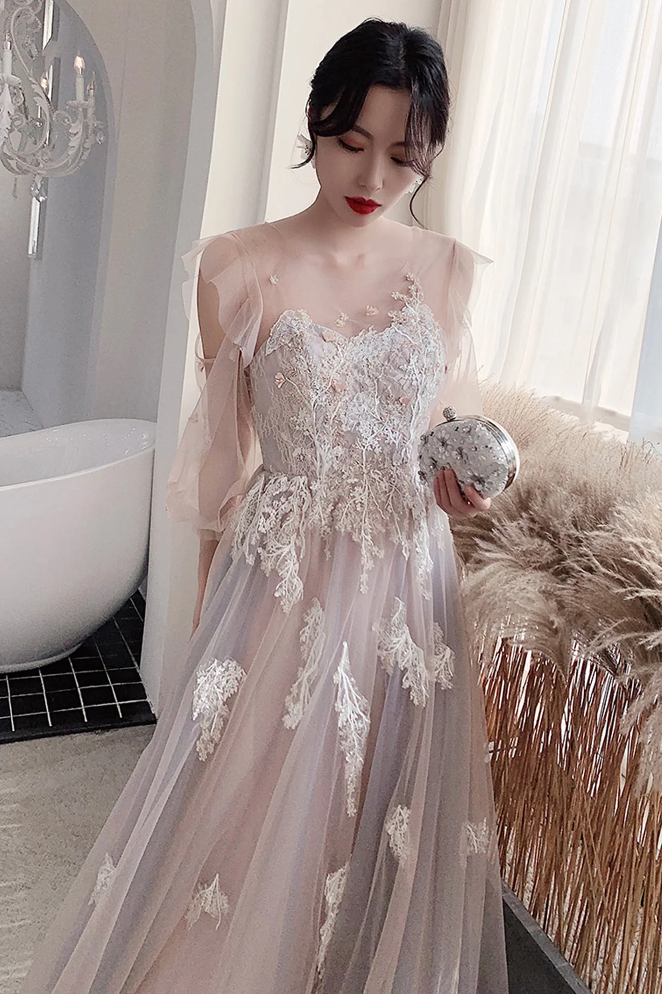 solvbao Cute Tulle Lace Long Prom Dresses, A-Line Evening Dresses - Deanwangkt