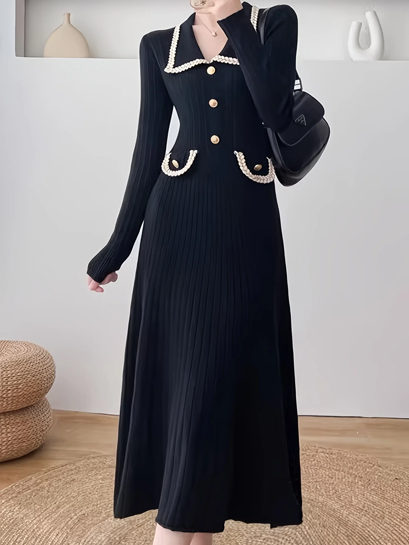Button Front High Waist Dress, Elegant Long Sleeve Midi Dress, Women's Clothing - Deanwangkt