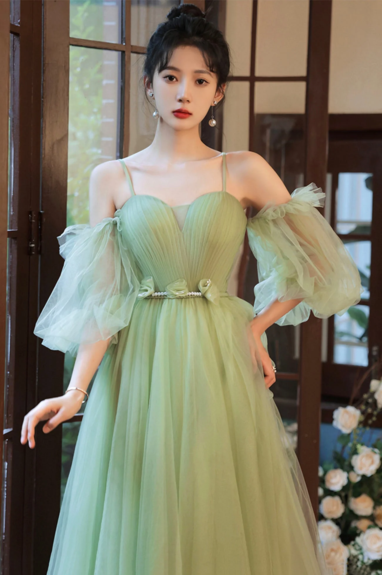 solvbao Lovely Green Tulle Long Party Dress, A-Line Evening Party Dress - Deanwangkt