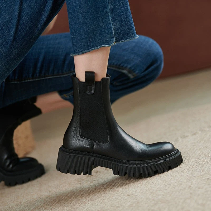 DEANWANGKT WHNB  New Cow Leather Chelsea Boots Women Slip on Ankle Boots Brown Fashion Genuine Leather Boots Ladies Fashion Shoes - Deanwangkt