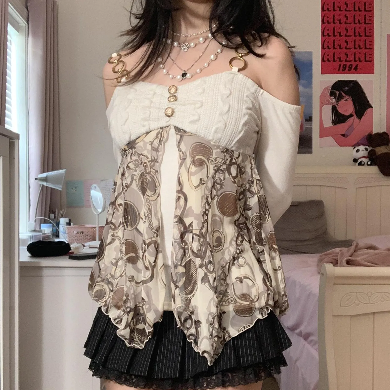 deanwangkt Y2K Gothic Clothes Crop Tops Off White Lolita Women Tops Gyaru  Long Sleeve Tops Cyber Lace Top Exposure Simple Clothes - Deanwangkt