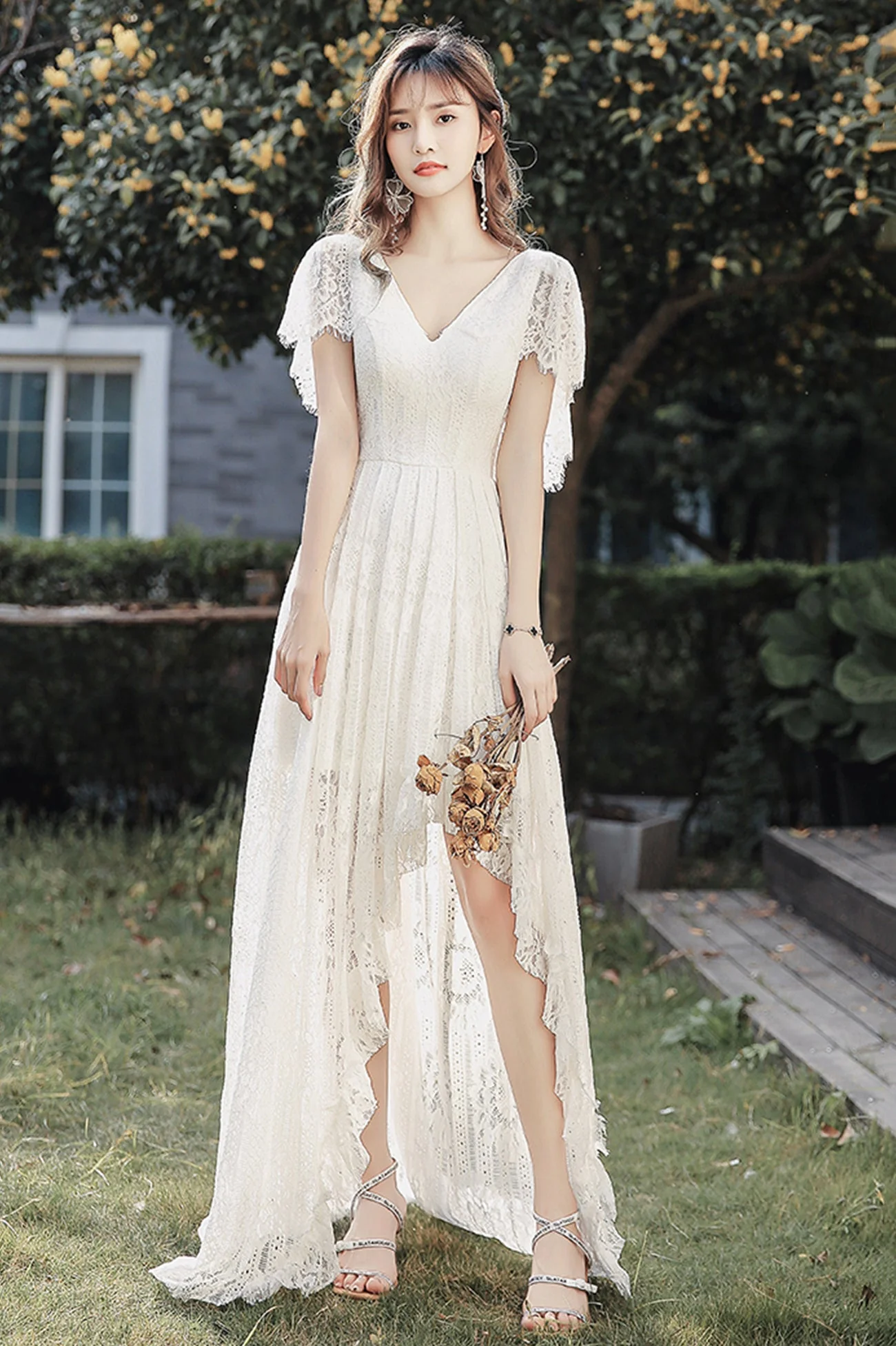 solvbao White V-Neck Lace High Low Prom Dress, White Evening Dress - Deanwangkt