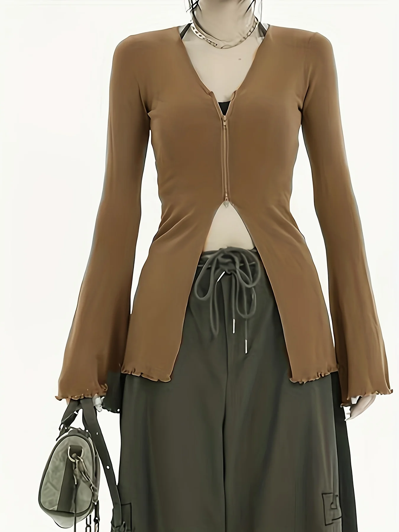 Solid V-neck Zipper Long Sleeve T-shirt, Elegant Autumn & Winter Comfy T-shirt, Women's Clothing - Deanwangkt