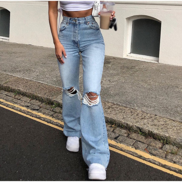deanwangkt Y2k Blue Ripped Baggy Flare Pants Women High Waist Harajuku Wide Leg Denim Jeans Mom Female Streetwear Harajuku Trousers - Deanwangkt