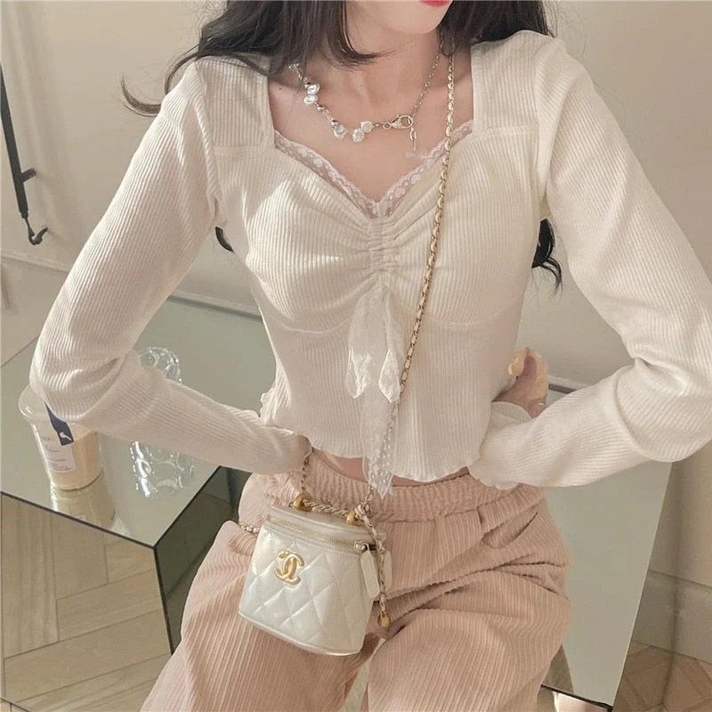 deanwangkt Autumn White Kawaii Lolita Female Blouse Lace Japanese Sweet Long Slevee Tops Women Knitted Casual Korean Designer Clothing - Deanwangkt