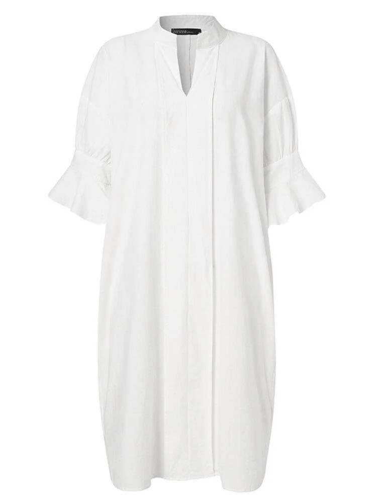 deanwangkt Casual Plain Lapel Button Half Sleeve Side Pocket Shirt Dress - Deanwangkt