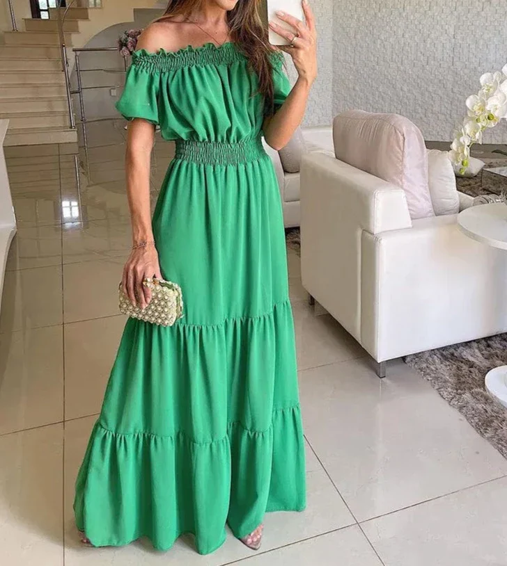 deanwangkt Women Slash Neck Maxi Dresses Summer Solid Casual Loose Short Sleeve Ruffle Dress Female Beach Party Long Dresses Elegant Robe - Deanwangkt