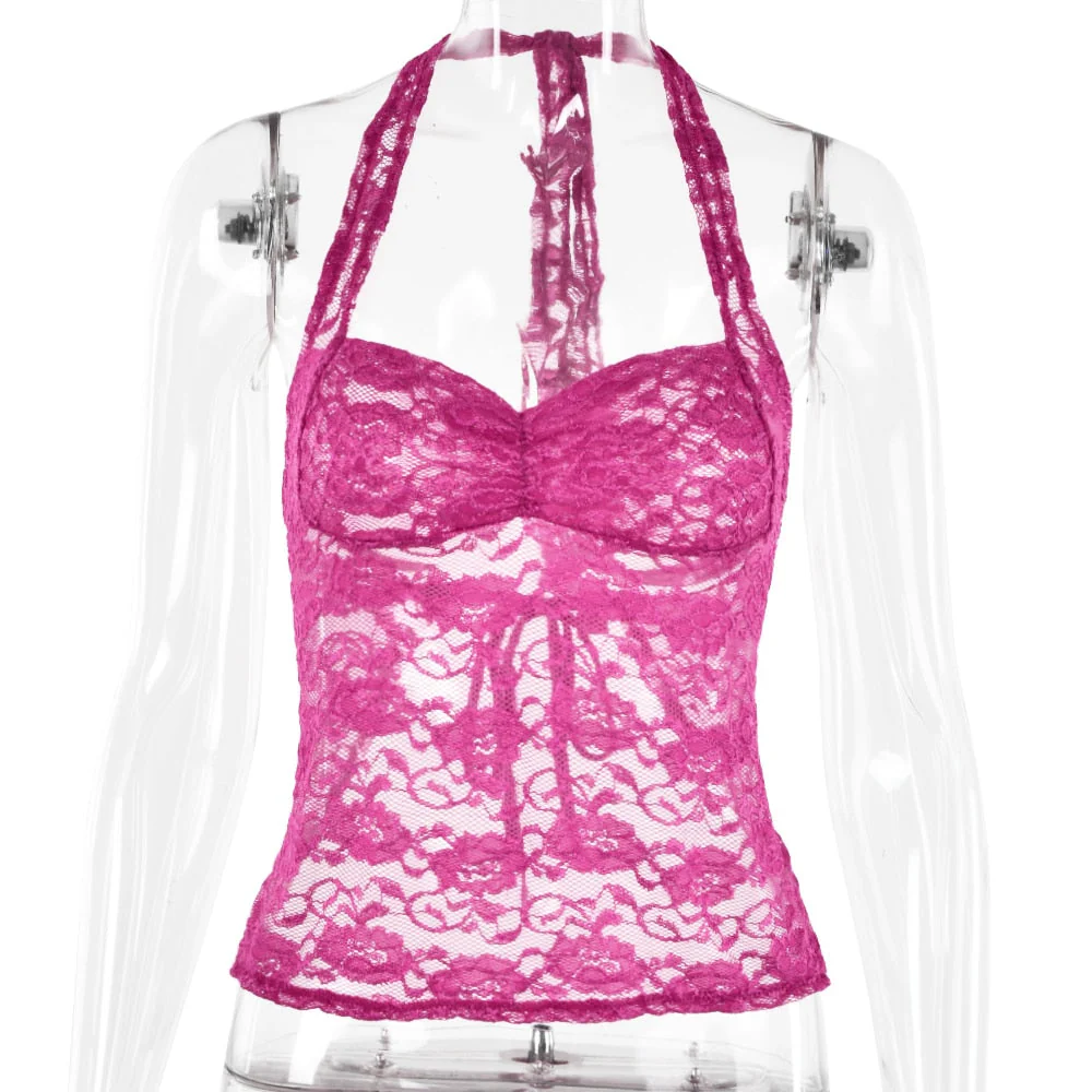 deanwangkt Ladies Sexy Halter Bandage Lace See Through Crop Top For Women Summer Backless Slim Party Tops Vest - Deanwangkt