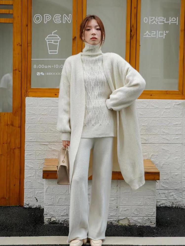 Women Solid Knit Sweater Suit Autumn Winter Casual Turtleneck Pullover High Waist Wide Leg Pants Elegant 2 Piece Sets Lazy Style - Deanwangkt