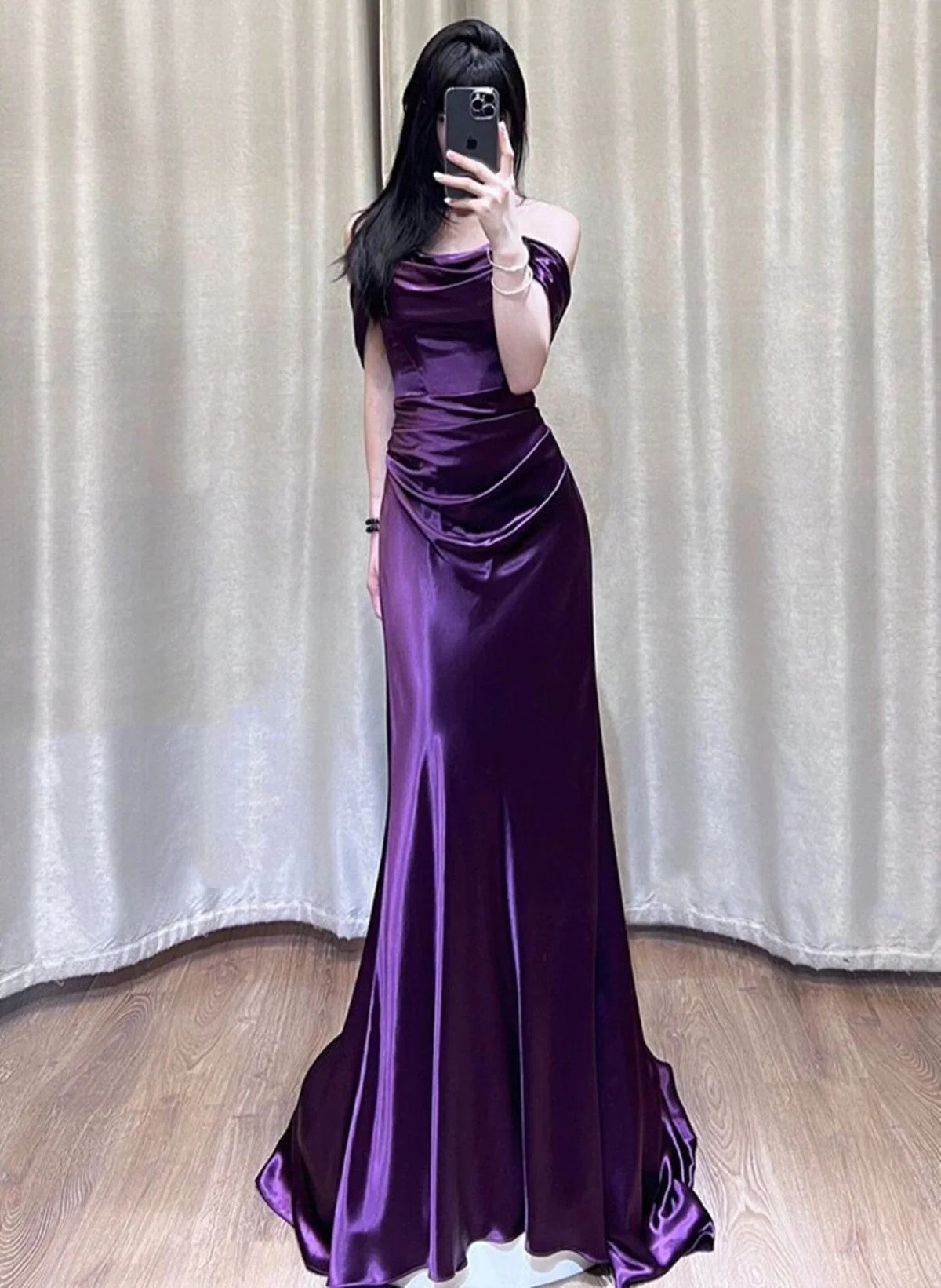 Solvbao Purple Satin Off Shoulder Long Evening Dress, Purple Satin Prom Dress - Deanwangkt