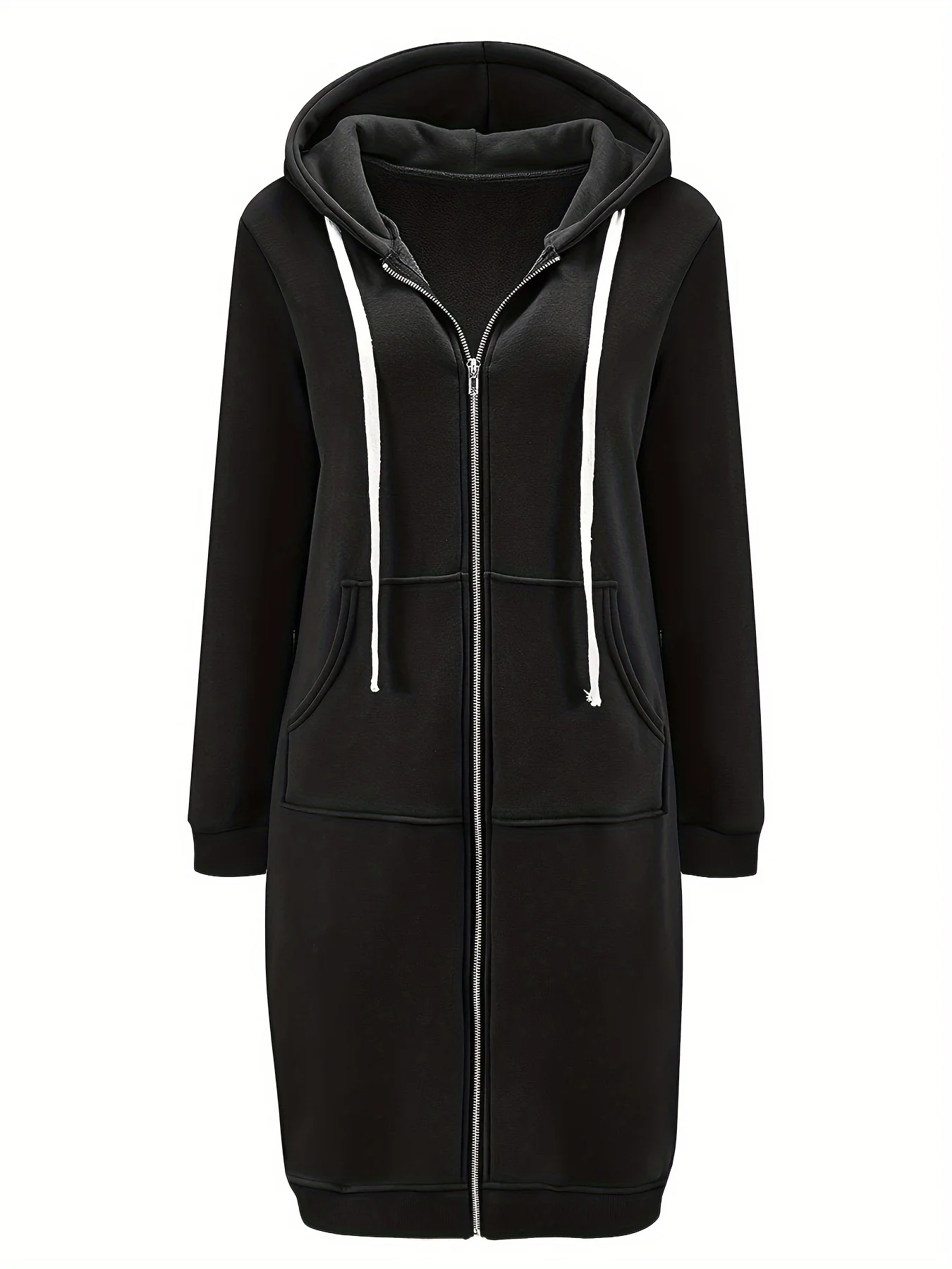 deanwangkt-1  Solid Zip Up Knee Length Hoodie, Casual Long Sleeve Slant Pockets Drawstring Hoodies Outerwear, Women's Clothing - Deanwangkt