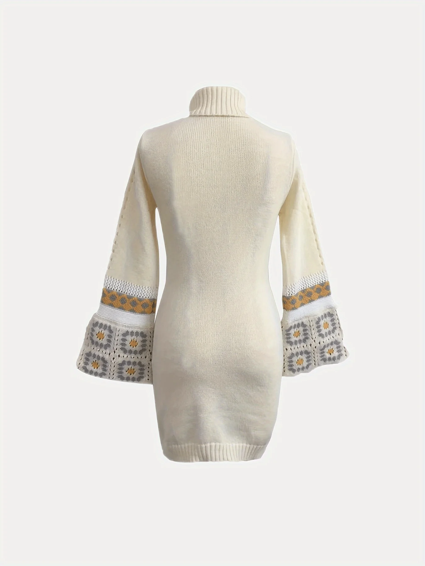 Hippie Patchwork Turtleneck Knitted Sweater Dress, Casual Flared Cuff Long Sleeve Dress, Women's Clothing - Deanwangkt